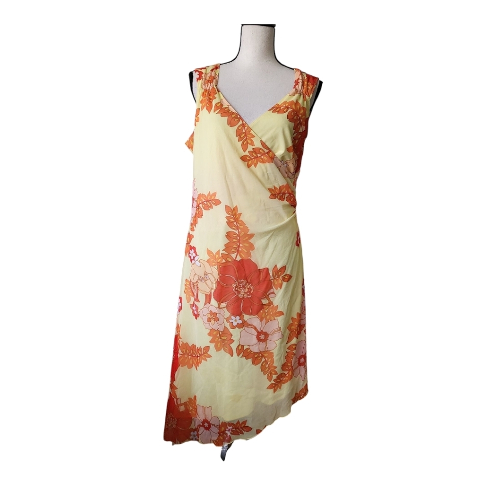 💕California Concepts Yellow Floral Printed Mesh Overlay Asymmetrical Size…‎